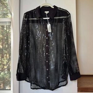 NWT Anthropologie Pilcro Sequin Mesh Button Down Top Black XXS Goth Glam
